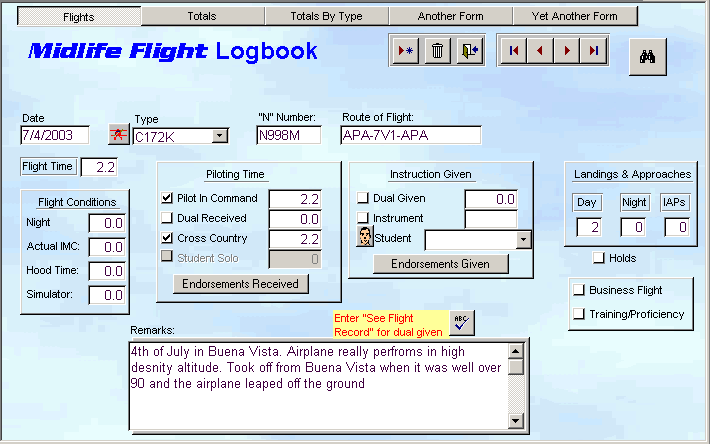 Logbook entry screen